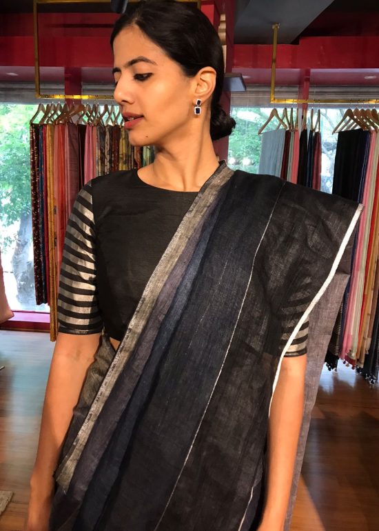 Ombre Blue Handwoven Pure Linen Saree