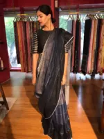 Ombre Blue Handwoven Pure Linen Saree - Image 7