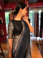 Ombre Blue Handwoven Pure Linen Saree - Image 3