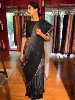 Ombre Blue Handwoven Pure Linen Saree - Image 2