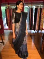 Ombre Blue Handwoven Pure Linen Saree - Image 5