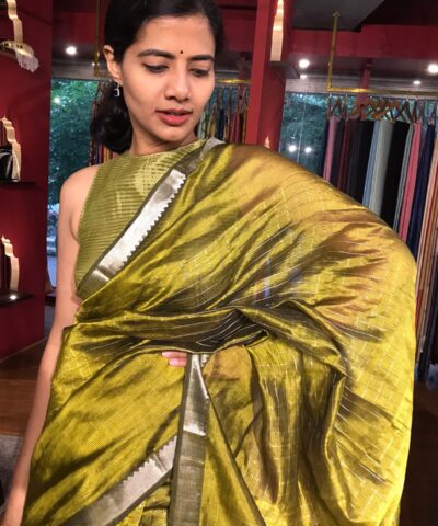 Green Chequered Handwoven Mangalagiri Silk Saree