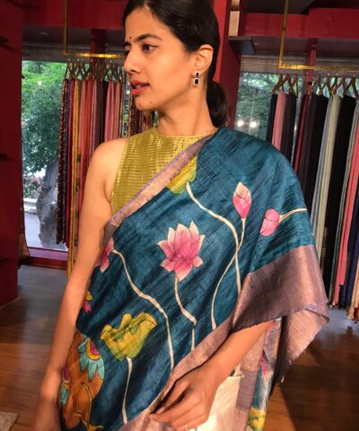 Ivory Handpainted Tussar Silk Saree By Mirra Clothing