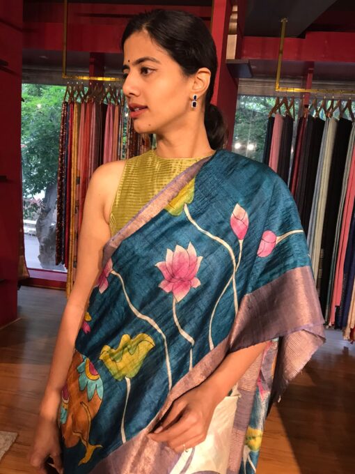 Ivory Handpainted Tussar Silk Saree By Mirra Clothing