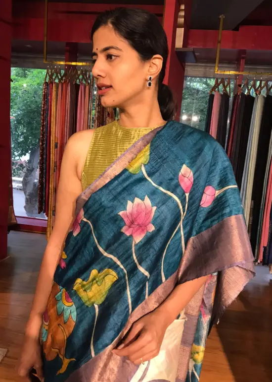 Ivory Handpainted Tussar Silk Saree By Mirra Clothing