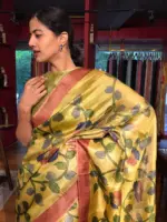 Yellow Handpainted Tissue Silk Saree
