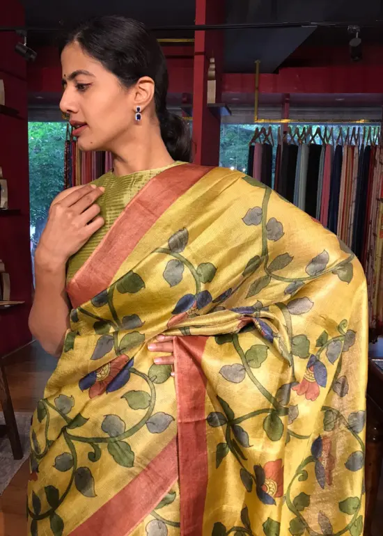 Yellow Handpainted Tissue Silk Saree