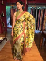 Yellow Handpainted Tissue Silk Saree - Image 5