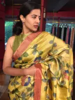 Yellow Handpainted Tissue Silk Saree - Image 6