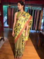 Yellow Handpainted Tissue Silk Saree - Image 4