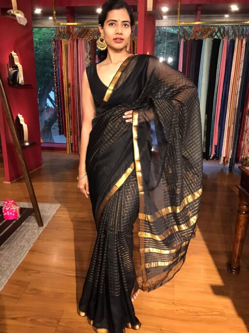 Full view of a model showcasing Black Handwoven Mangalagiri Chequered Silk Saree, Suitable for Fusion-Themed Parties or Celebrations By Mirra Clothing