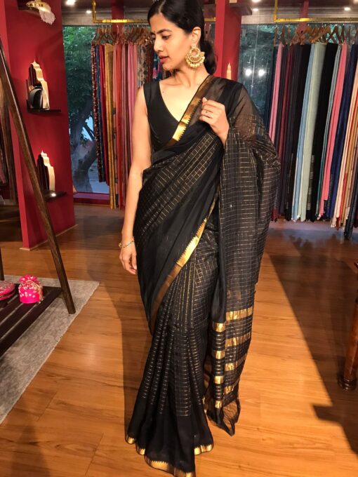 Full view of a model showcasing Black Handwoven Mangalagiri Chequered Silk Saree, Suitable for Evening Cocktail or Ethnic Dinner Parties By Mirra Clothing