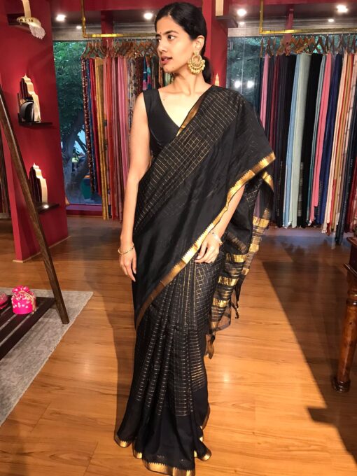 Full view of a model showcasing Black Handwoven Mangalagiri Chequered Silk Saree, Suitable for Classical Dance Performances By Mirra Clothing