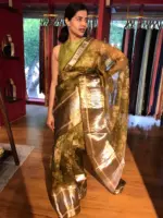 Olive Green Printed Organza Silk Saree with Kanchi Zari Weaves - Image 7