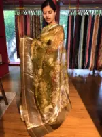 Olive Green Printed Organza Silk Saree with Kanchi Zari Weaves - Image 5