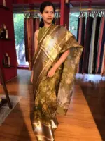 Olive Green Printed Organza Silk Saree with Kanchi Zari Weaves - Image 6