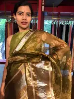 Olive Green Printed Organza Silk Saree with Kanchi Zari Weaves