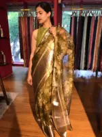 Olive Green Printed Organza Silk Saree with Kanchi Zari Weaves - Image 3