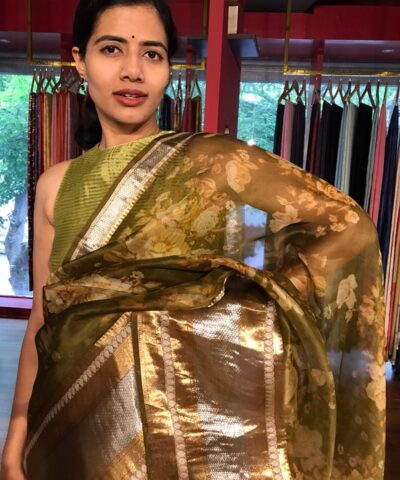 Olive Green Printed Organza Silk Saree with Kanchi Zari Weaves