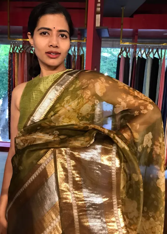 Olive Green Printed Organza Silk Saree with Kanchi Zari Weaves