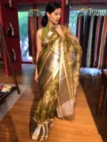Olive Green Printed Organza Silk Saree with Kanchi Zari Weaves - Image 2
