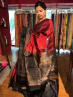 Arakku Red Kanchivaram Silk Saree with Readymade Intricate Embroidered Black Raw Silk Blouse - Image 6