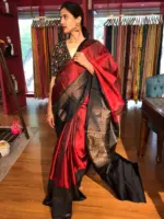 Arakku Red Kanchivaram Silk Saree with Readymade Intricate Embroidered Black Raw Silk Blouse - Image 4