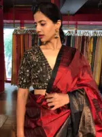 Arakku Red Kanchivaram Silk Saree with Readymade Intricate Embroidered Black Raw Silk Blouse - Image 5