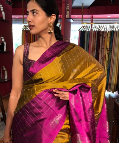 Mustard Mangenta Kanchivaram Silk Saree with contrast Border