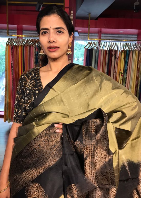 Sage Green Kanchivaram Silk Saree with Gold Zari Weaves by Mirra Clothing