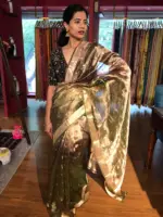 Ombre Green Tissue Silk Saree with Gold Zari Buttis highlighted with zari border - Image 6