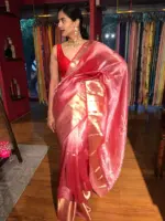 Red Banarasi Tissue Silk Saree with Gold Zari Border - Image 6