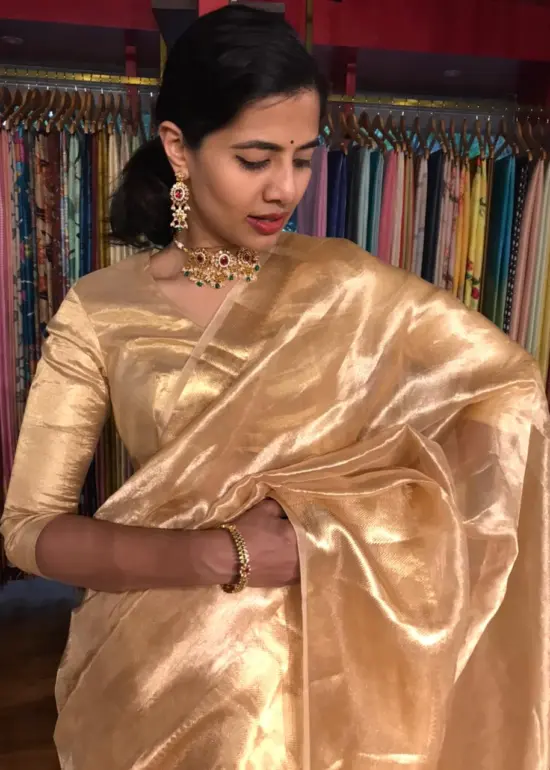 Champagne Gold Tissue Silk Saree by Mirra Clothing