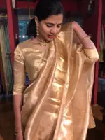 Champagne Gold Tissue Silk Saree with Gold Zari Border - Image 2
