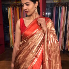 Red Handwoven Tissue Silk Saree By Mirra Clothing