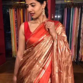 Red Handwoven Tissue Silk Saree By Mirra Clothing