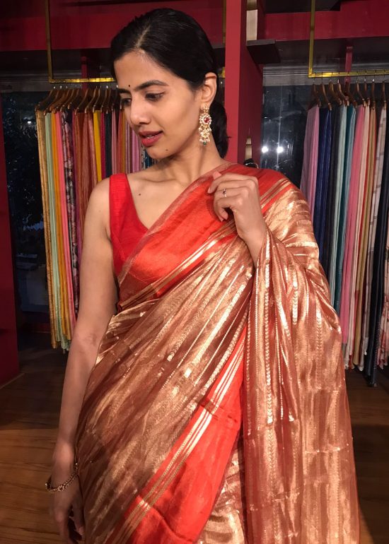 Red Handwoven Tissue Silk Saree By Mirra Clothing