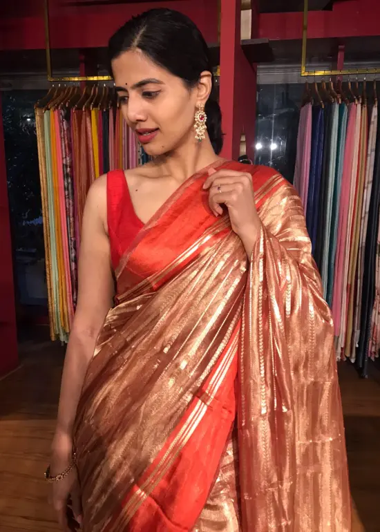 Red Handwoven Tissue Silk Saree By Mirra Clothing