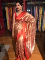 Red Handwoven Tissue Silk Saree with Satin Silk Border - Image 2