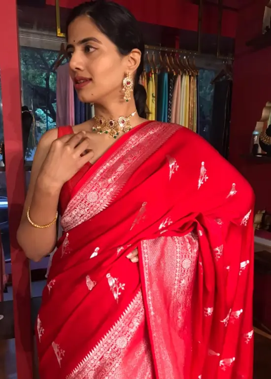 Scarlet Red Crepe Silk Saree with Silver Zari Weaves by Mirra Clothing