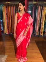 Scarlet Red Crepe Silk Saree with Silver Zari Weaves - Image 2