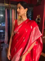 Scarlet Red Crepe Silk Saree with Silver Zari Weaves - Image 3