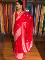 Scarlet Red Crepe Silk Saree with Silver Zari Weaves - Image 5