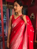Scarlet Red Crepe Silk Saree with Silver Zari Weaves - Image 6