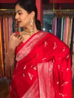 Scarlet Red Crepe Silk Saree with Silver Zari Weaves - Image 4