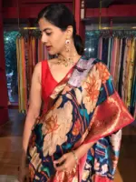 Ocean Blue Printed Banarasi Silk Saree - Image 3