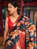 Ocean Blue Printed Banarasi Silk Saree