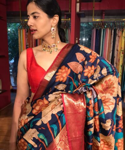 Ocean Blue Printed Banarasi Silk Saree