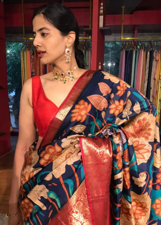 Ocean Blue Printed Banarasi Silk Saree