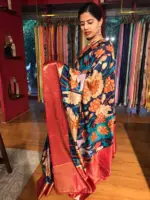 Ocean Blue Printed Banarasi Silk Saree - Image 7